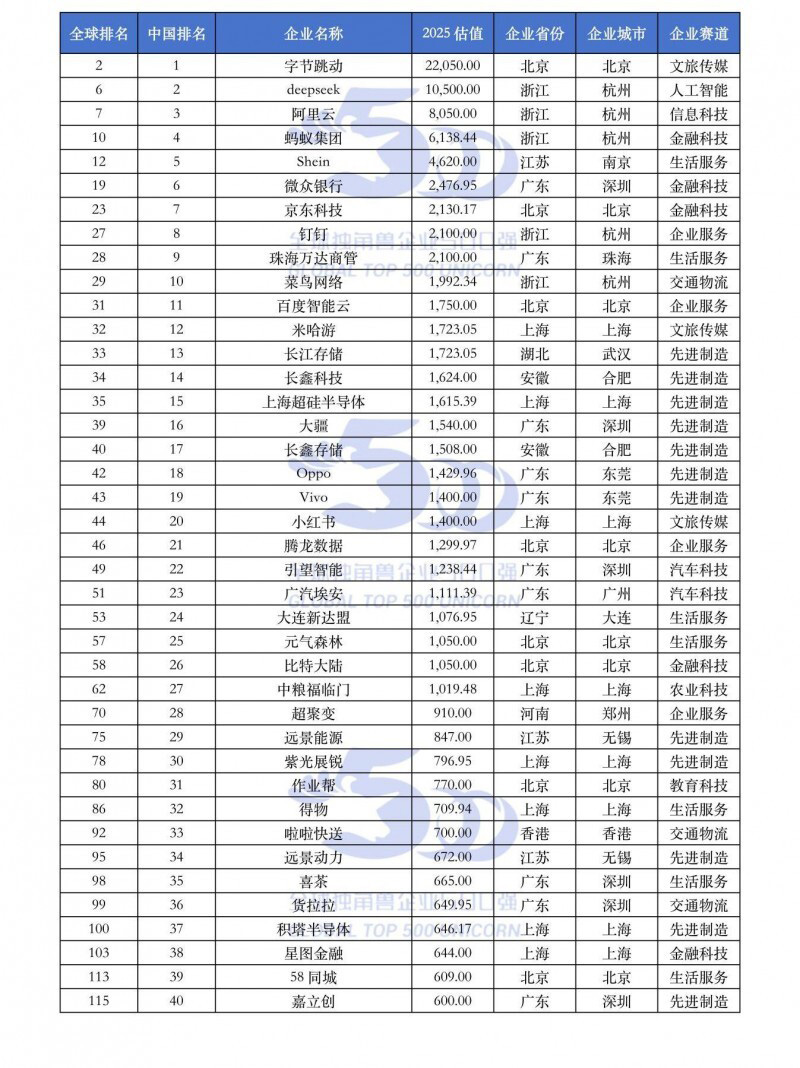 2025全球獨(dú)角獸企業(yè)500強(qiáng)中國(guó)入榜企業(yè)名單